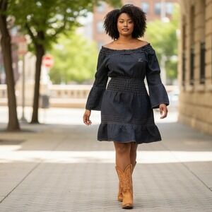 Fubu Y2K LS Elastic Smocked Waist Retro Street wear Denim Dress Plus Size 16W